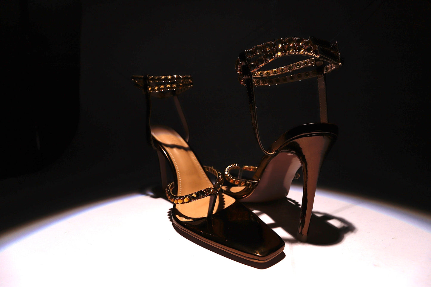 SHEISBUJINE MARIAM  CRYSTAL DOUBLE STRAPPED HEELS. PATENT BROWN, EMBELLISHED, SANDAL HEELS