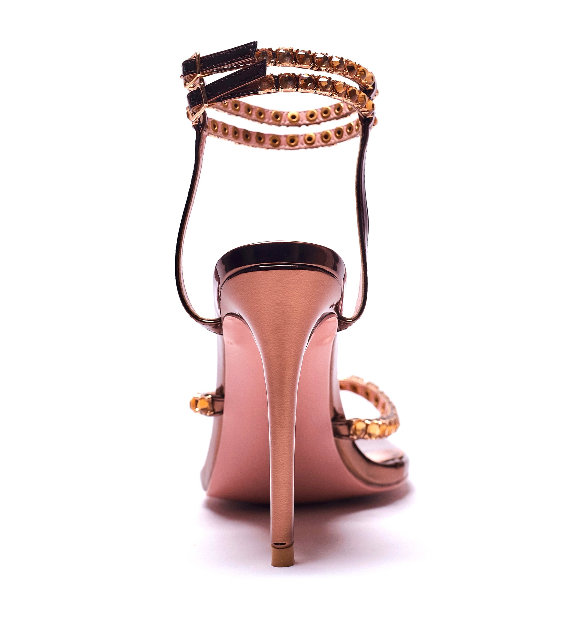 SHEISBUJINE MARIAM  CRYSTAL DOUBLE STRAPPED HEELS. PATENT BROWN, EMBELLISHED, SANDAL HEELS
