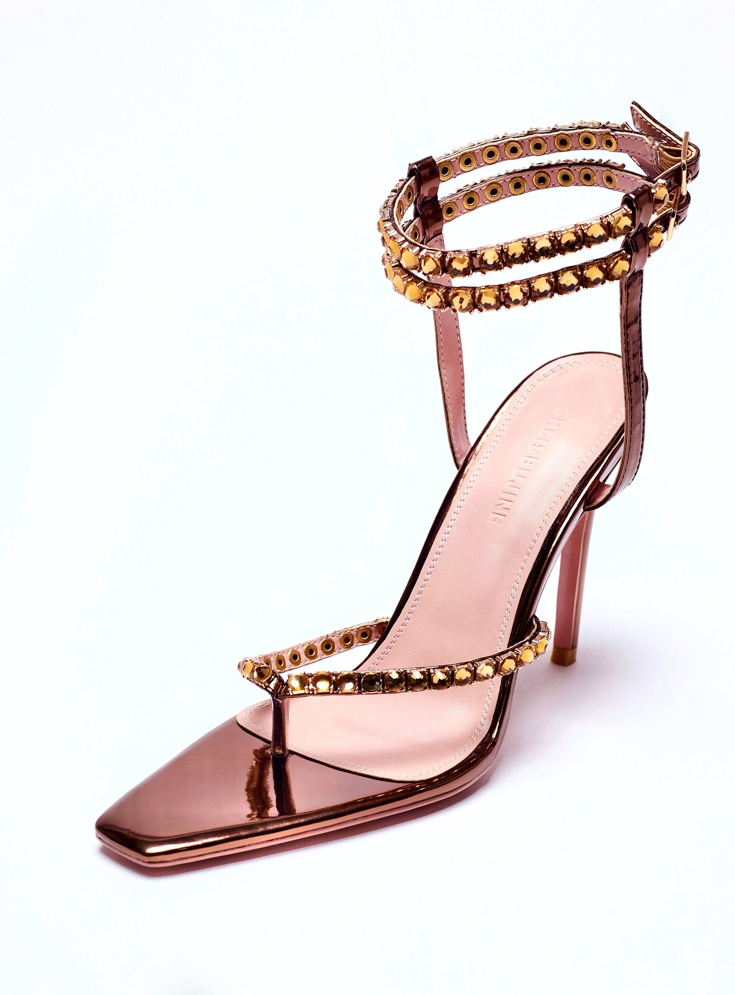 SHEISBUJINE MARIAM  CRYSTAL DOUBLE STRAPPED HEELS. PATENT BROWN, EMBELLISHED, SANDAL HEELS